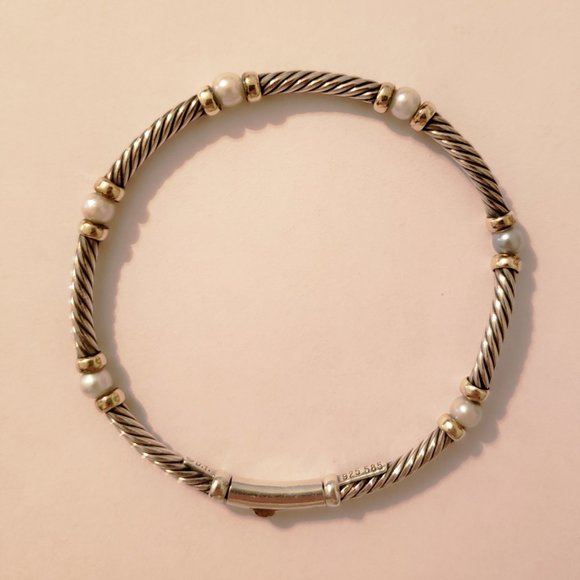 **SOLD**David Yurman Sterling Silver & 14k Y. Gold Pearl Hampton Cable Bracelet - Picture 2 of 7